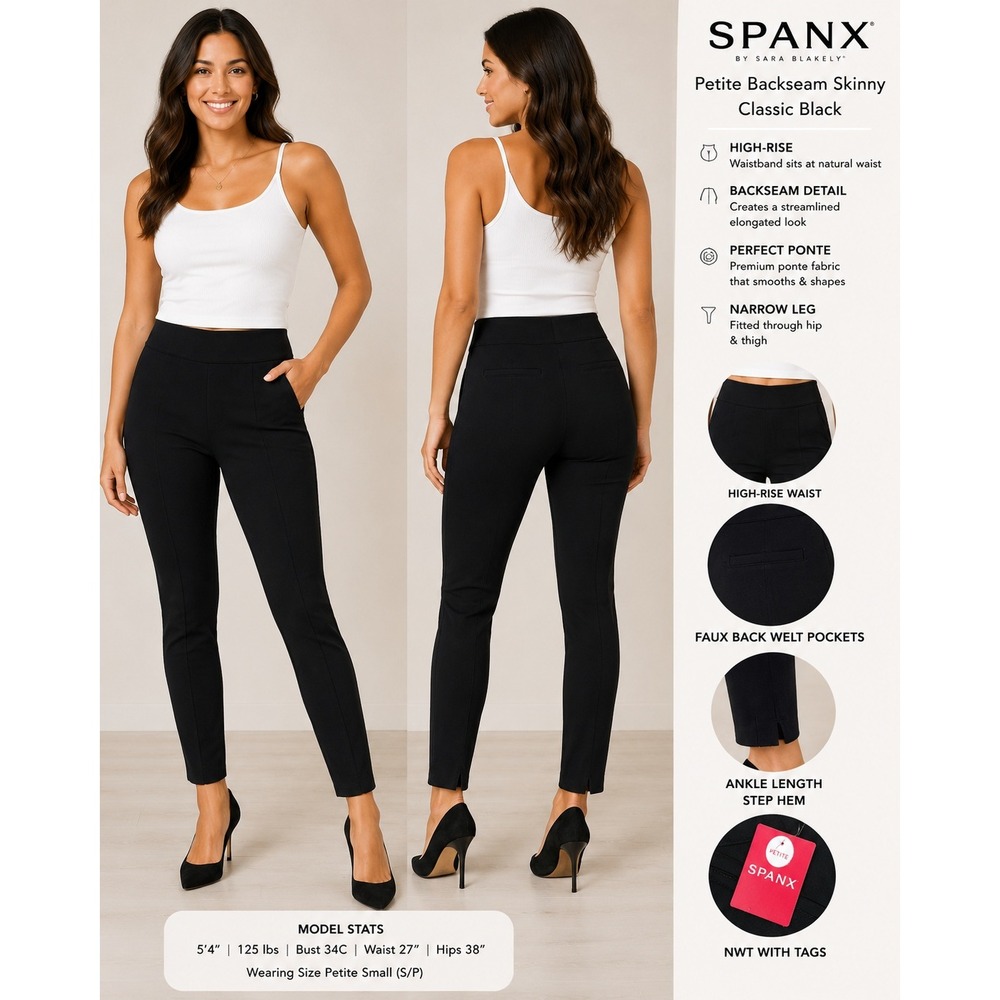 Spanx Petite Backseam Skinny Pants Black High Rise‎ Ponte Ankle Step Hem S/P